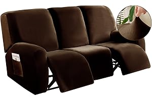 OKYUK Velvet Stretch Recliner Chair Cover, Sofa Cover Slipcover Couch Covers, Armchair Cover Non-Slip Furniture Protector, Elastic Soft Recliner Chair Protector with Side Pocket (3 Seater Cover, Brown)