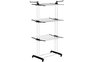 HOMCOM Tendedero Plegable para Ropa con Ruedas Tendedero Vertical de Acero Tipo Torre de 3 Niveles con Alas Plegables y Colga