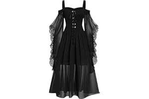 HAOLEI Halloween Dress Women Plus Size, Vintage Lace Renaissance Medieval Victorian Gothic Dress Cold Shoulder Flutter Sleeve Retro Steampunk Costume Rockabilly Goth 80s Dresses Ladies