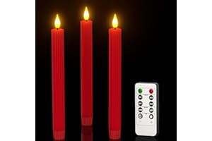 PChero Lot de 3 bougies coniques à LED rouges avec minuterie à distance, en cire véritable, sans flamme, fonctionne avec des piles, sans goutte, pour décorations de fête de Noël, d'Halloween