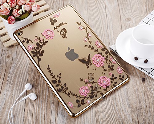 Felfy iPad Air 2 Hülle,iPad 6 Schutzhülle,iPad Air 2 Case,iPad 6 Silikon Cover Ultradünnen Kristallklar Durchsichtig Malerei Schmetterling Blumen Rebe Muster Glänzend Glitzer Kristall Strass Diamanten Transparent TPU Silikon Schutz Handy Hülle Case Tasche Silikon Crystal Case Durchsichtig Schutzhülle Etui Bumper für iPad Air 2/iPad 6 (Tyrant Gold) +1x Gold Stylus + 1x Katze Dust Plug - 4