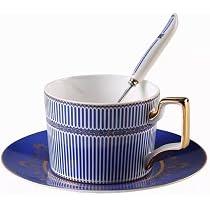 Eplze YBK Tech, tazza da tè e caffè in porcellana stile europeo, con coperchio, per colazione, casa, cucina (motivo a righe) (ciano