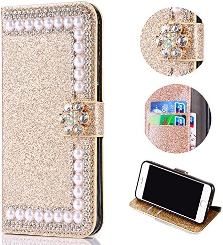Shinyzone iPhone X Flip Wallet Case with Stand Holder,iPhone X Bling Glitter Case,3D Flower Diamond Magnetic Closure PU Leather with Credit Card Slots,Anti-Scratch Shockproof Silicone Bumper Protective Luxury Rhinestone Personalised Design Case Cover for iPhone X 5.8 inch,Golden