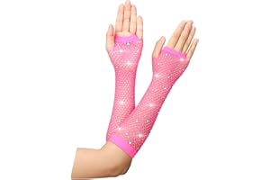 HAIFAFAFAING Guantes de red de pesca sin dedos para mujer con diamantes de imitación brillantes guantes de malla elástica retro de nailon Fishnet Gloves para los años 80, accesorios de disfraz de discoteca
