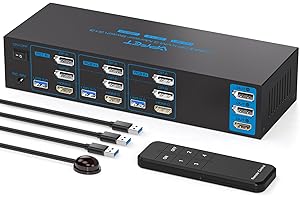 AILVLVNG 4K144Hz 2 Displayport+HDMI KVM Switch 3 PC 3 Monitor 8K 60Hz Switch KVM USB 3.0 Adatto per 3 Computer/Laptop con 3 Monitors e 4 Porte USB 3.0 Come Tastiere, Mouse