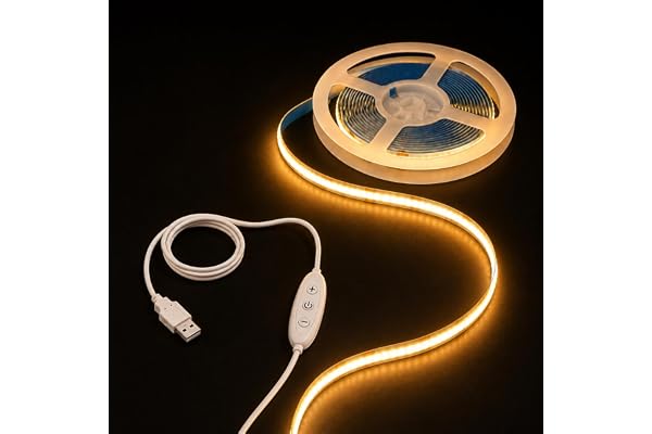 COB LED Remsa 2M, Varmvit 2700K USB 5V Dimba Flexibel LED Remsa med Självhäftande Baksida, 320 LED Lampor/m, CRI 92+, för Skärmar under Köksskåp, Trappor och Sovrum
