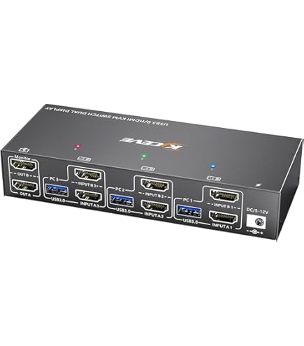 KVM Switch 3 PC 2 Monitors 8K@30Hz, KVM Switch DisplayPort 4K@144Hz for 3 PC parts 2 monitors and 4 USB 3.0 devices. Support Extended & Copy Mode, with power supply USB