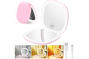 Gospire 3.9" Wiederaufladbar Taschenspiegel mit 1X/10X Vergrößerung, 3 Lichtfarben & Einstellbarer Helligkeit, Reisespiegel Klein Schminkspiegel Klappbar Taschenspiegel für Frauen Mädchen, Hellrosa