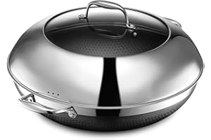 HexClad Hybrydowa nieprzywierająca 14-wok z pokrywką ze szkła hartowanego, nadaje się do piekarnika, gotowy do indukcyjności, kompatybilny ze wszystkimi płytami kuchennymi