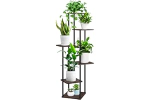 YOCOMEY 6-Tier Hölzern Blumenregal Pflanzenregal, Mehrstöckig Blumenständer Pflanzenständer Blumenbank Blumentreppe Pflanzentreppe Standregal für Innen Garten Balkon Deko(Schwarz Eiche)