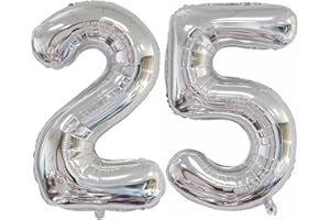 Elizakumi Silber Nummer 25 Ballon Luftballon Zahl 25th Ballon Zahl Für Männer Mädchen, Geburtstag Helium Folienballon Zahlenballon 25 Silber / 40 Zoll