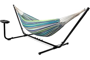 ‎VITA5 VITA5 podwójny hamak bawełniany ze stalowym stojakiem dla 2 osób z uchwytem na kubek i torbą transportową, 210x140 cm, nośność 250 kg