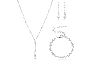 HERDEAR Bridal Jewellery Sets for Women Silver Necklace and Earring Sets Rhinestone Necklace Bracelet Dangle Earrings for Bridal Wedding Jewelry Prom Costume Accessories for Christmas Women Girl Gift