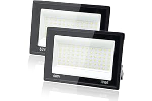 Tkdaksy 2 Pezzi Faro LED Esterno 50W, 1M Cavo Bianco Freddo 6500K, IP66 Impermeabile Farettdao LED esterno, 5000LM Faretti LED Esterno, per Giardini, Terrazze, Cortili, Piazza, Garage, Fabbriche
