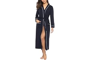 Sykooria Womens Lightweight Cotton Knit V Neck Long Kimono Robes Bathrobe Soft Sleepwear Loungewear Pocket Dressing Gown for Women