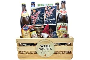 ‎HANDELSAGENTUR KASBERGER Geschenkset „Weihnachtskisterl klein“ – rustikales Holzpräsent mit Bier, Leberwurst, Mandeln, Waffeln & Blutwurz – Genusswelten Kasberger Weihnachtspräsent