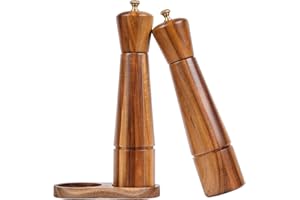 DeroTeno Juego de Molinillos de Sal y Pimienta con Bandeja, molinillo de sal de cerámica ajustable, molinillo de pimienta de acero inoxidable, madera de acacia, 27 cm de altura, diámetro inferior 6 cm