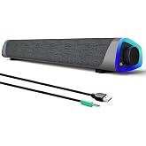 SOULION R30 PC Speakers, Works with USB Sound Bar, 1/8" AUX | Colorful LED Lights with Switch Button Sound Bar Speaker for De
