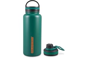 Polar Gear 1 Litre Water Bottle With 2 Lids - Vacuum Insulated, Double Wall, Leakproof Stainless Steel - 12H Hot, 24H Cold for Sports, Gym, Work - Green