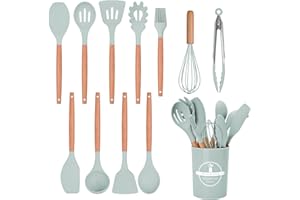 FIOUSY Kitchen Utensil Set, 12 PCS Silicone Cooking Utensils Set with Wooden Handle, Heat Resistant, Nonstick Cookware Tongs Spatula Spoon Set, Dishwasher Safe, Best Kitchen Tools with Holder (Green)