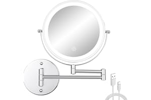 FFowcye 8” Lighted Wall Mounted Makeup Mirror, Double Sided 1X/10X Magnifying Bathroom Shaving Mirror with Lights, 54 LED Wall-Mount Cosmetic Vanity Mirror, 360° Swivel Extendable Arm