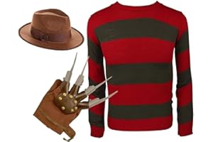 Grunge Wear® Men's Women's Red Green Stripe Knitted Jumper, Explore Hat, Claw Glove Set - Unisex Halloween Nightmare On Elm Street Fancy Dress Costume Outfit