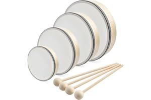 Akamino 4 Pack 4 Sizes Wooden Hand Drum Set,Wood Frame Drums with Drum Sticks,6/7/8/10 Inch Musical Instrument Percussion Drum for Rhythm Learning,Music Enlightenment