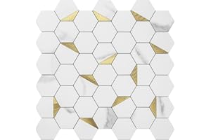 DICOFUN 3mm Hexagon Self Adhesive Wall Tiles, White Marble Mixed Gold Metal Chip Stick on Tile, Splashback Tile Stickers for Kitchen & Bathroom (10 Tiles)
