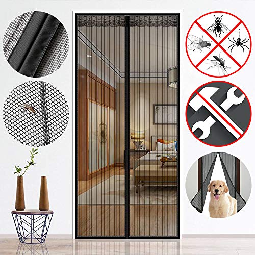 Preisvergleich Produktbild Magnetische Fliegengitter-Tür, Türschutzgitter mit Magneten, oumeiou magnetischer Türvorhang Heavy Duty Mesh Screen Full Frame Hook and Loop Easy to Fit Keep Fresh Air in and Fly Insekts, schwarz