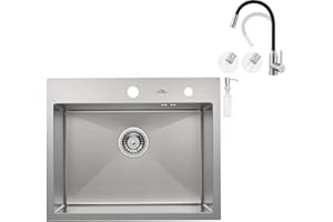 Auralum Lavabo da cucina 55 x 45 cm + rubinetto flessibile da cucina con 2 tipi di getto, lavello in acciaio inox, rettangolare, con dispenser di sapone e sifone, lavello da incasso, 1 vasca