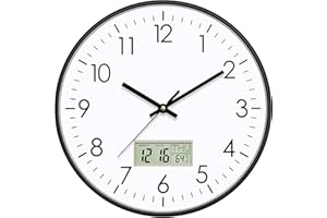 Foxtop Digital Wall Clock with Date, Month, Day of Week and Temperature, 12 inch Non-Ticking Silent Battery Operated Round Quartz Analog Clock for Classroom Office Bedroom Home School