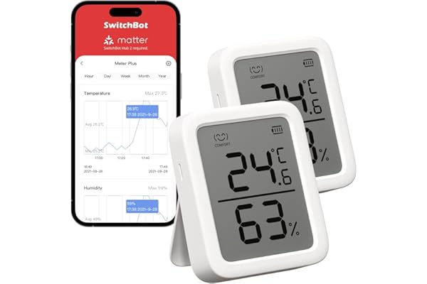 SwitchBot Thermomètre Connecté, Thermomètre Intérieur Connecté Avec Puce Suisse, Capteur de Température Connecté Contrôlé Par l’App, Thermomètre Connecté Bluetooth, SwitchBot Hub Requis Pour WiFi