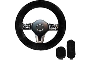 BIQIQI 3 PCS Housse de Volant pour Voiture, Hiver Faux Laine Volant Couvre, Couvercle de Frein à Main, Couverture de Changement de Vitesse, Intérieur de Voiture Universel 36-39cm (Noir)