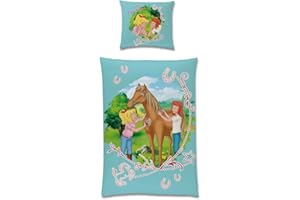 ‎TEX IDEA Tex Idea Bibi und Tina Wende Bettwäsche-Set Beste Freundinnen · Mädchenbettwäsche 135x200 80x80cm · Kinderbettwäsche aus 100% Baumwolle in Linon Qualität Türkis-Blau Weiss