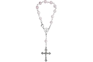 Zinngeschenke Auto Rosenkranz, zehner Rosenkranz (10+1 = 11 Perlen) gefertigt aus echtem Rosenquarz Länge 14 cm, in Handarbeit gefertigt aus eigener Herstellung, Kreuz Autorosenkranz Kruzifix