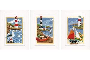 VERVACO Vevaco Kits De Punto De Cruz Contado Cuadros Decoracion DIY Creativo Kit juego de 3 FARO Manualidades Arte De Pared Bordar Kit Principiantes Regalo ca. 8 x 12 cm Cross Stitch Embroidery