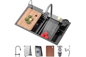GMTstore Lavello a cascata in acciaio inossidabile Lavello a barra singola Lavello da cucina Set Lavello da cucina con stazione di lavoro nano-rivestito Lavello con rubinetto estraibile rondella