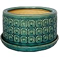 Ivyline Round Bonsai Planter in Teal - Waterproof & Durable - Contemporary Premium Glazed Decorative Indoor Ceramic Flower Pot - H38.5cm x D20cm