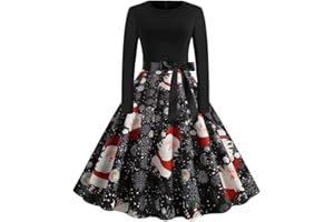 ORANDESIGNE Donna Vestiti di Natale Manica Lunga Abito Natale Vestito da Donna Stampa Natale Midi Abito Elegante Vintage Abiti da Natale Party Festa Cocktail Swing Vestito