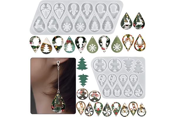 KyeeaDIY 2pcs Moule en Silicone pour Boucles d'oreilles de Noël, Moule en Résine époxy de Pendentif Collier, Moule de Décoration de Noël Arbre Flocons de Neige Renne Bricolage Cadeaux de Noël