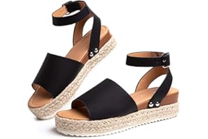 Hitmars Sandalias Mujer Plataforma Esparto Verano Casual Alpargatas de Cuña Plateau Moda con Correa Tobillo 5 CM Negro Marrón Caqui Leopardo Talla 35-43