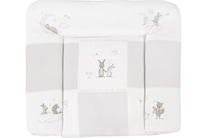 roba Wickelauflage Fox & Bunny - Wickelunterlage 85 x 75cm weich mit Fuchs & Hasen Motiv - Baby Wickeltischauflage PU beschichtet - Hellgrau / Weiß