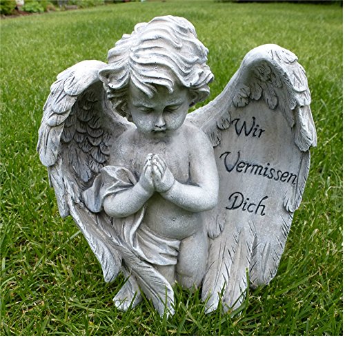 Engel mit Flügel Grabschmuck Grabdeko *Wir vermissen dich* grau-antik, 20 cm