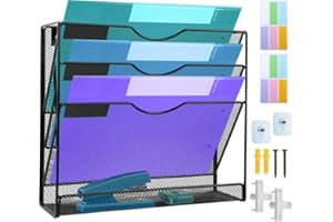 HIHOBDAY 4 Tier Hanging Wall Magazine File Holder, Wall Mounted File Organiser, Mental Mesh Magazine Rack Hanging, A4 Office Wall Organisers, Wall File Organizer Stationary Organiser for Office Home
