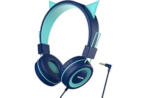 Simjar Casque pliable avec oreilles de chat pour l'école, garçons et filles, casque pliable avec bandeau réglable, prise jack 3,5 mm pour apprentissage en ligne/voyage/tablette/iPad/ordinateur