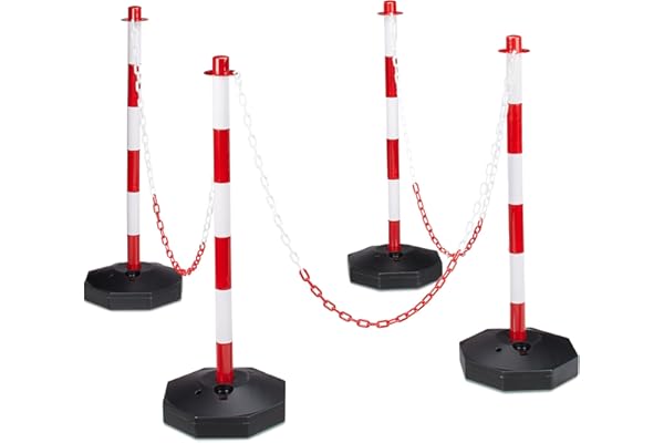 Relaxdays 10020484 4 Poteaux de signalisation et délimitation avec chaînes barrière de parking 82 x 112 x 28 cm Rouge-gris