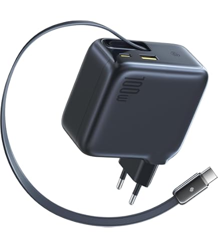 Baseus NOMOS 5 in 1 Ladestation, 140 W USB-C Ladegerät mit 15 W Qi2.0 MagSafe Ladegerät, Typ C Einziehbares Kabel, 2*USB-C & 1*USB-A Schlüsse und Digitale Anzeige, für iPhone 16/15, MacBook