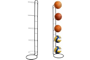 M.J COMFY-LIFE 5-Tier Ball Storage Rack, Heavy-Duty Metal Sports Ball Organizer Stand for Basketball, Football, Volleyball, Soccer – Space-Saving Removable Design for Garage, Bedroom, Gym