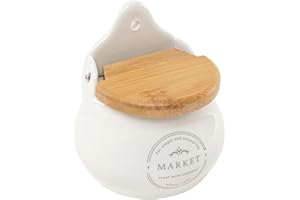 ROCKING GIFTS Salero de Cerámica Blanca con Tapa de Madera, 12 cm, Bote para Sal y Especias para la Cocina y Reposar en Pared