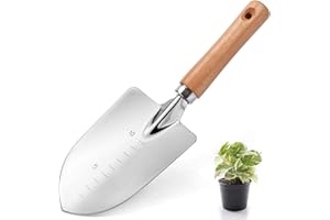 UMUACCAN Garden Trowel with Wood Handle, Aluminum Alloy Garden Shovel with Scale, Multifunctional Wide Shovel for Planting Transplanting Weeding Digging